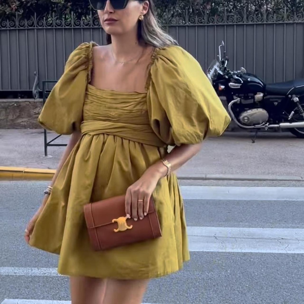 Aje Casabianca Puff-sleeve Cotton Mini Dress - Khaki